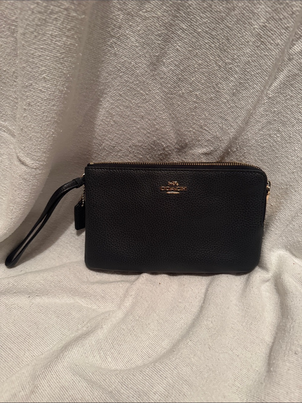 Coach Black Pebbled Leather Double-Zip Wristlet with Detachable Strap